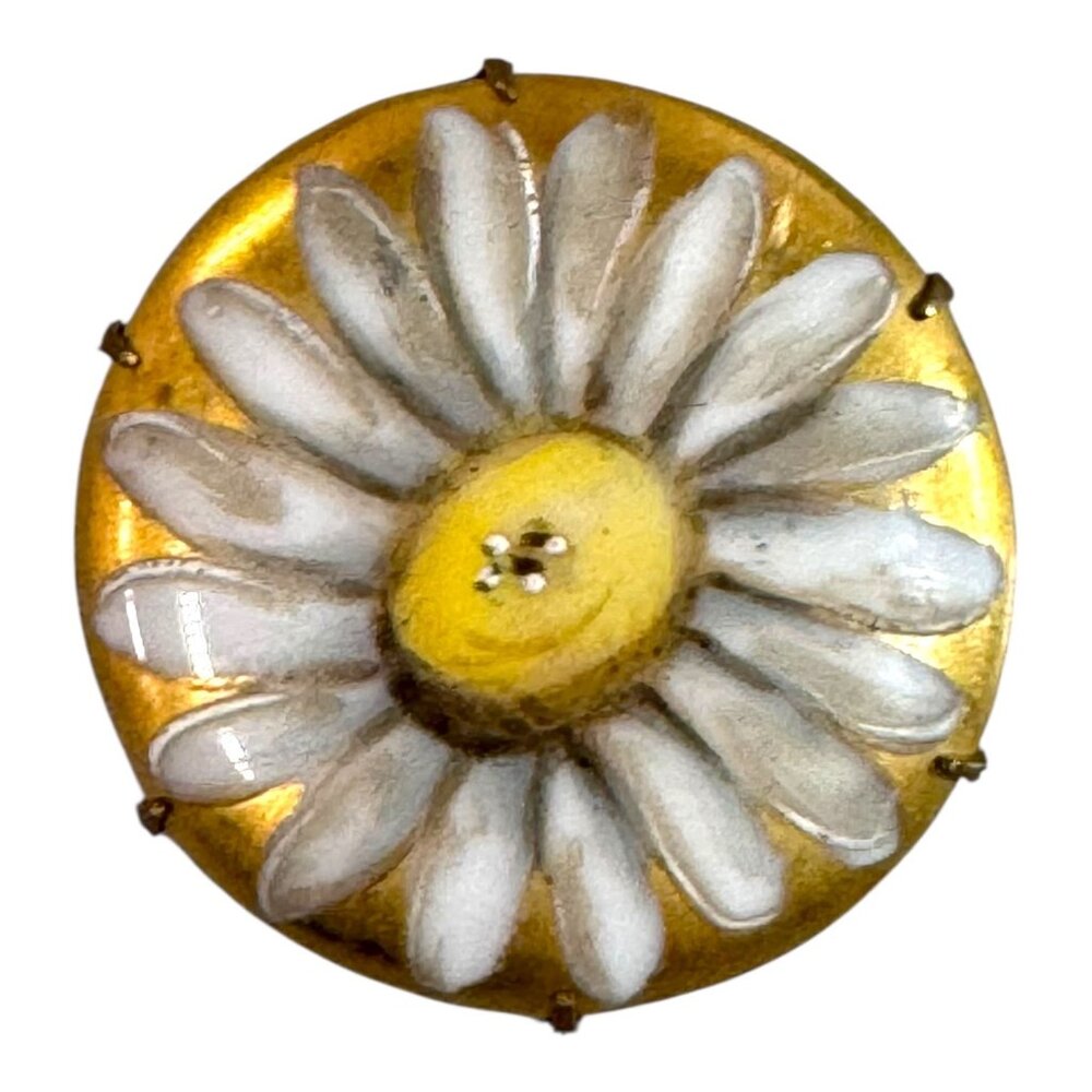 Vintage Hand-Painted Daisy Brooch Pin Gold Tone White & Yellow Floral Design